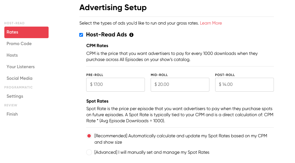 Set your own CPM rates for host-read ads through RedCircle's Ad Program